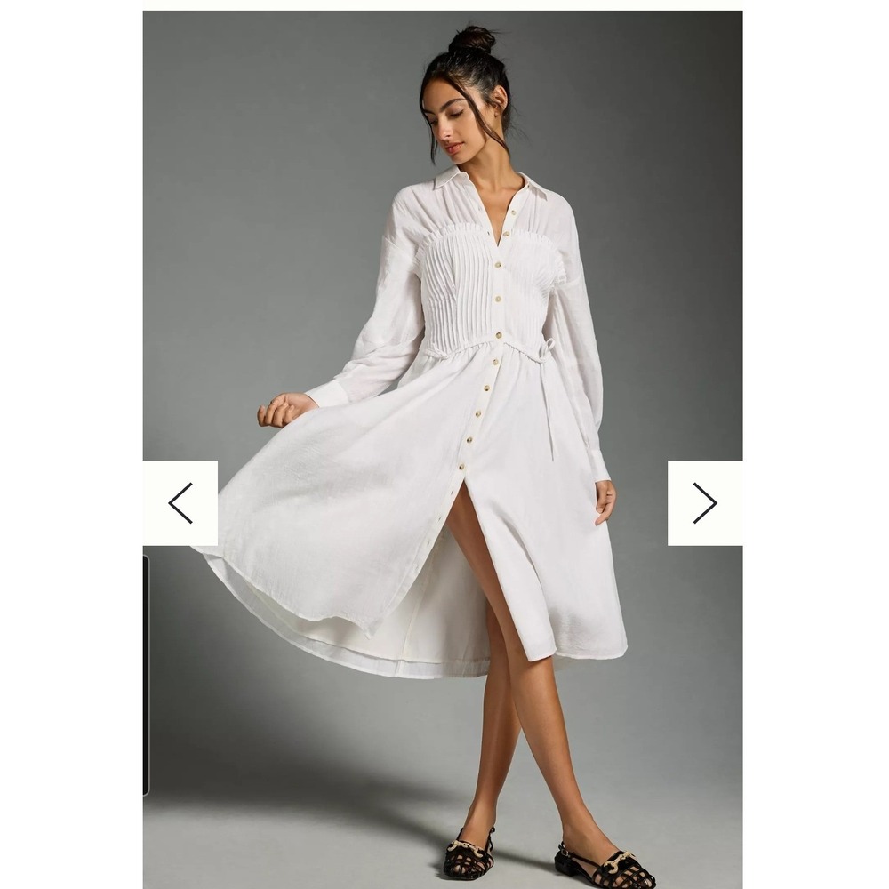 Pilcro Anthropologie White Cotton Gauze Shirred Corset Buttondown Midi Dress M